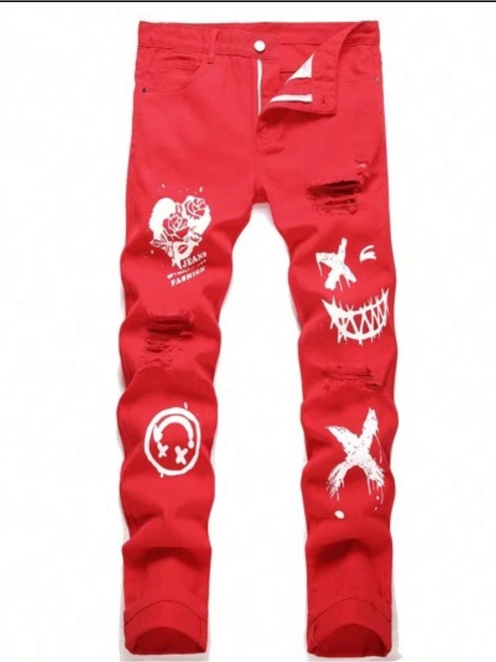 Red Graphic Distressed Jeans Size 28 | Streetwear Painted Print Denim